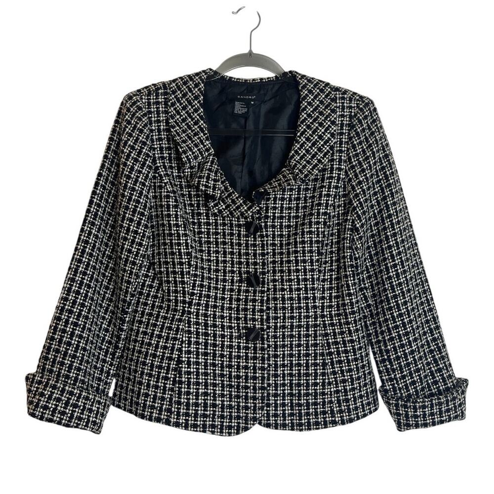Sandro Boucle Tweed Blazer Jacket Size M Black White Ruffle Collar Ladylike